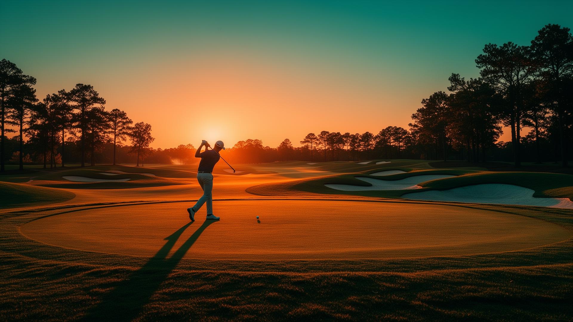Golfer mid-swing at sunset